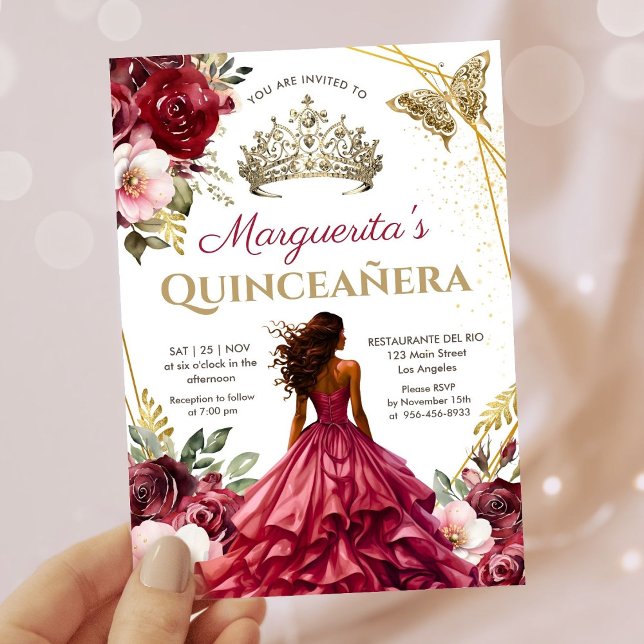Invitation Quinceañera Bourgogne Blush Floral Princesse Tiara (Créateur téléchargé)