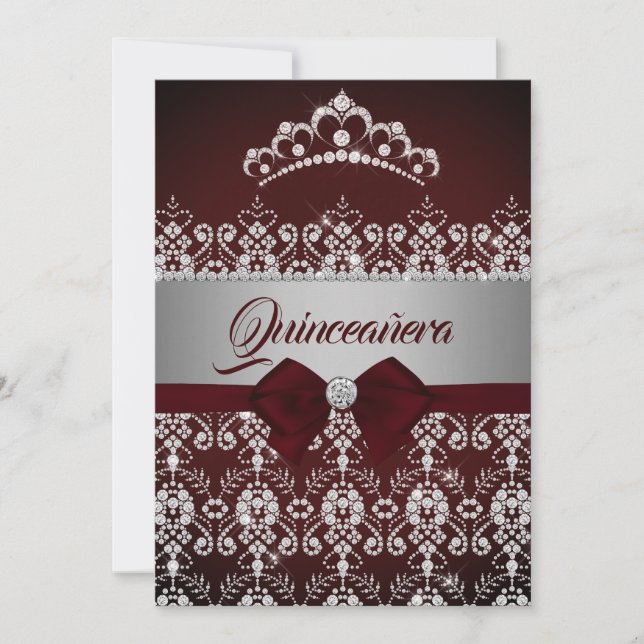 Invitation Quinceanera Bourgogne étincelle Diamond Tiara Bow (Devant)
