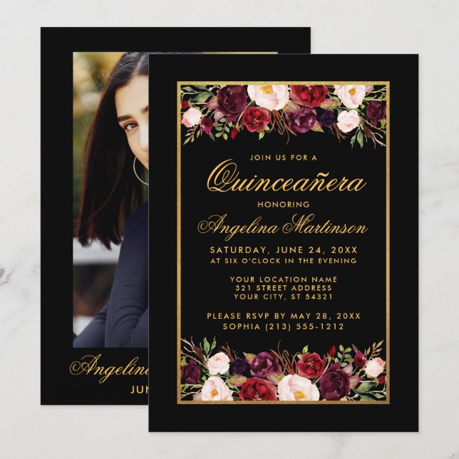 Invitation Quinceanera Bourgogne Floral Black Gold Photo (Devant / Derrière)