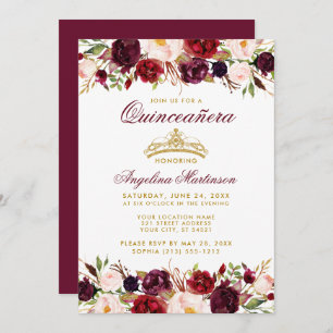 Invitation Quinceanera Bourgogne Floral Couronne Or