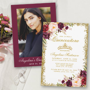Invitation Quinceanera Bourgogne Floral Couronne Photo Or