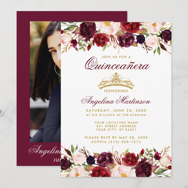 Invitation Quinceanera Bourgogne Floral Gold Crown Photo (Devant / Derrière)