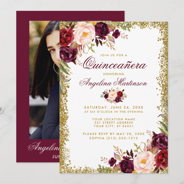 Invitation Quinceanera Bourgogne Floral Gold Parties scintill (Devant / Derrière)