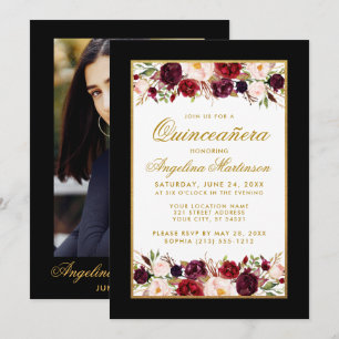 Invitation Quinceanera Bourgogne Floral Noir Blanc Or Photo