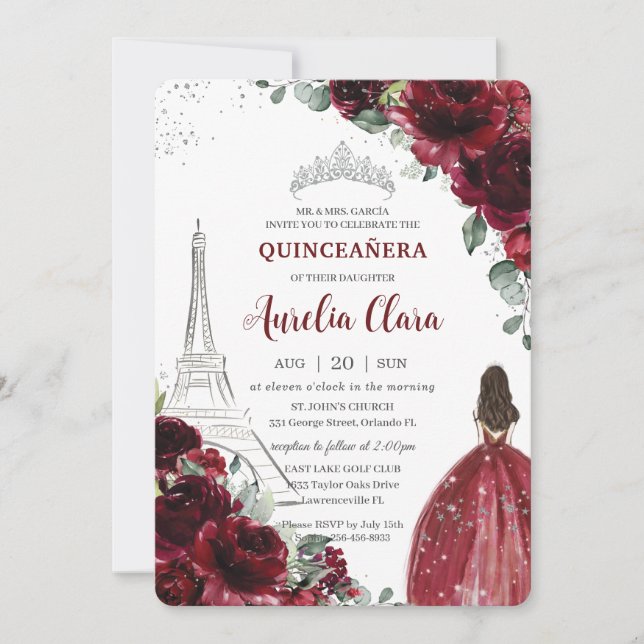 Invitation Quinceañera Bourgogne Floral Paris Eiffel Princess (Devant)