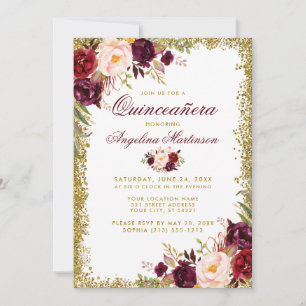 Invitation Quinceanera Bourgogne Floral Parties scintillant o