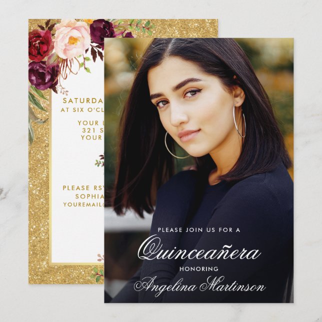 Invitation Quinceanera Bourgogne Floral Photo Parties scintil (Devant / Derrière)