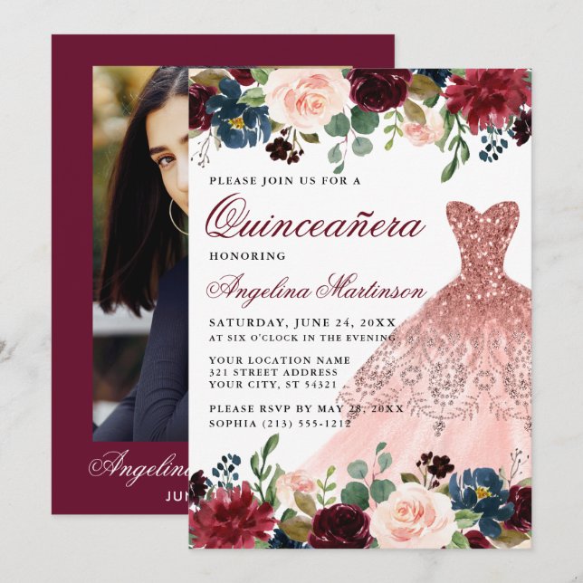 Invitation Quinceanera Bourgogne Floral Photo Retour Robe (Devant / Derrière)