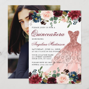 Invitation Quinceanera Bourgogne Floral Photo Rose Rosée