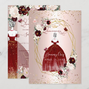 Invitation Quinceanera Bourgogne H2 Fleurs Dusty Rose Blush
