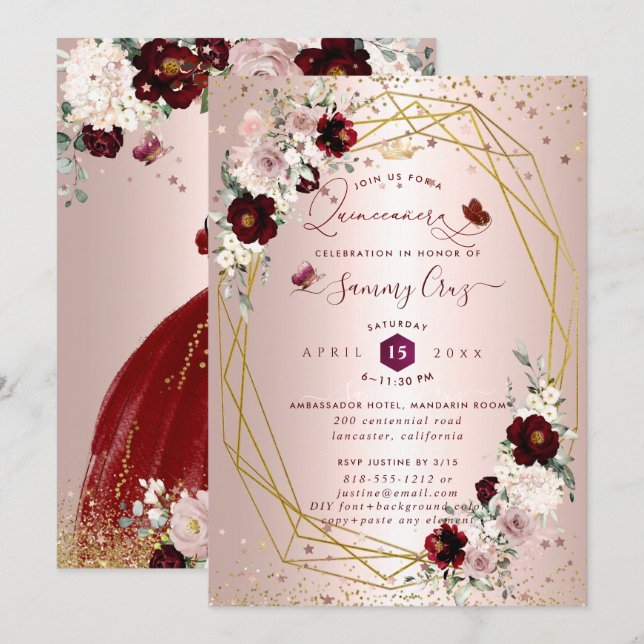 Invitation Quinceanera Bourgogne H2 Fleurs Dusty Rose Blush I (Devant / Derrière)