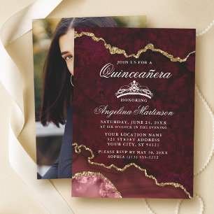 Invitation Quinceanera Bourgogne Or Marbre Agate Géode Photo