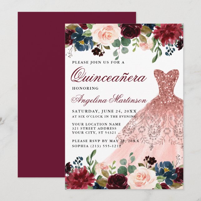 Invitation Quinceanera Bourgogne Parties scintillant Florale  (Devant / Derrière)