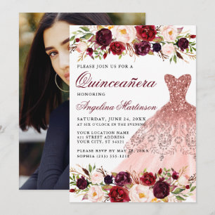 Invitation Quinceanera Bourgogne Robe de Parties scintillant 