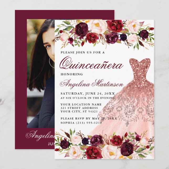 Invitation Quinceanera Bourgogne Robe Florale Retour (Devant / Derrière)