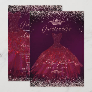 Invitation Quinceanera Bourgogne Rose Gold Confetti+Princesse