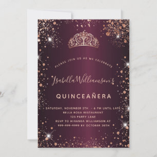 Invitation Quinceanera Bourgogne rose tiara or