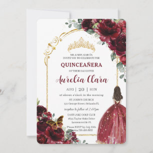 Invitation Quinceañera Bourgogne Rouge Floral Or Princesse Ar