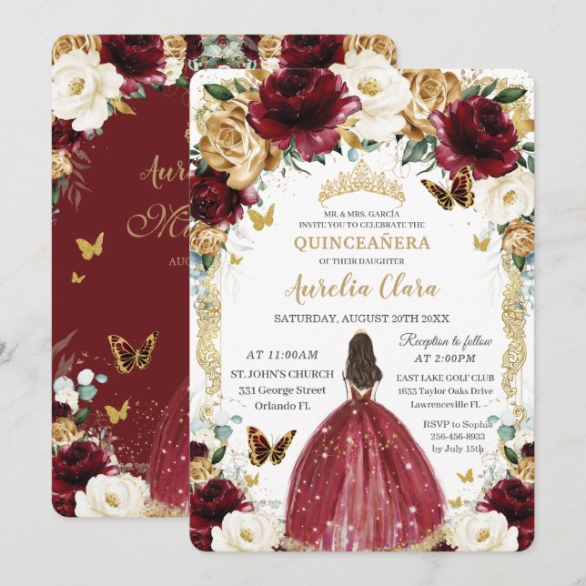 Invitation Quinceañera Burgundy Blanc Or Floral Robe Fille (Devant / Derrière)