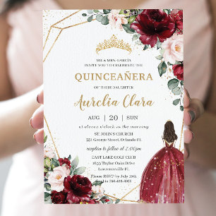 Invitation Quinceañera Burgundy Blush Floral Gold Princess