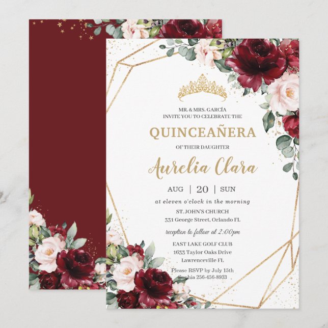 Invitation Quinceañera Burgundy Blush Floral Or géométrique (Devant / Derrière)