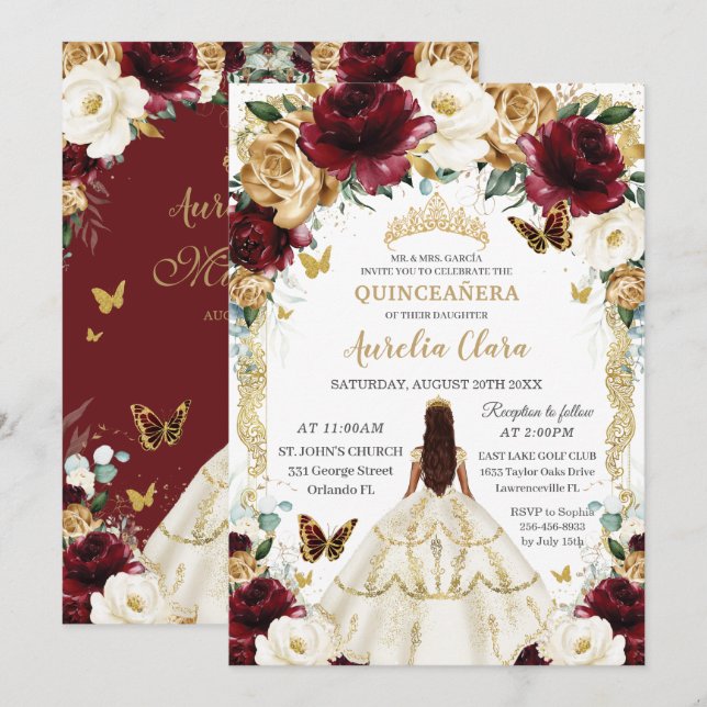Invitation Quinceañera Burgundy Gold Floral Robe fille (Devant / Derrière)