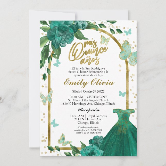 Invitation Quinceanera Butterflys Emerald Green Gown Espagnol (Devant)