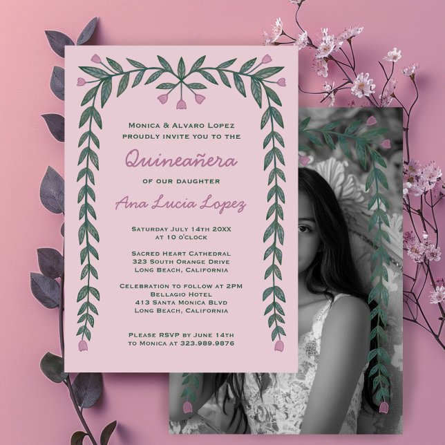 Invitation Quinceañera Cadre Floral Photo personnalisée (Quinceañera Floral Frame Custom Photo Invitation
)