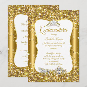 Invitation Quinceañera Carrosse doré conte de fées pailleté F