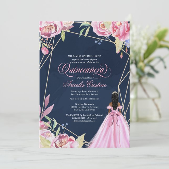 Invitation Quinceanera célébration marine rose bleu afrolatin (Debout devant)