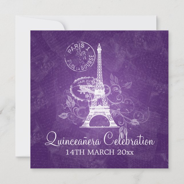 Invitation Quinceañera Celebration Party Paris Purple (Devant)