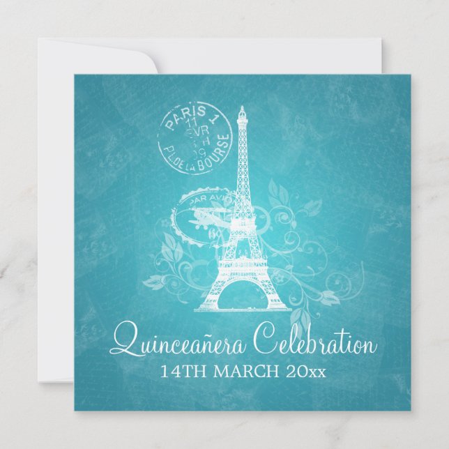 Invitation Quinceañera Celebration Party Romantic Paris Blue (Devant)