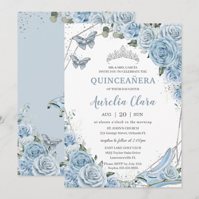 Invitation Quinceañera Cendrillon Princesse Bleu Floral (Devant / Derrière)