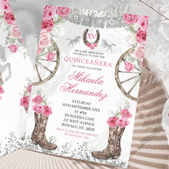 Invitation Quinceañera Charra aux Roses Roses Argentées de l' (Créateur téléchargé)