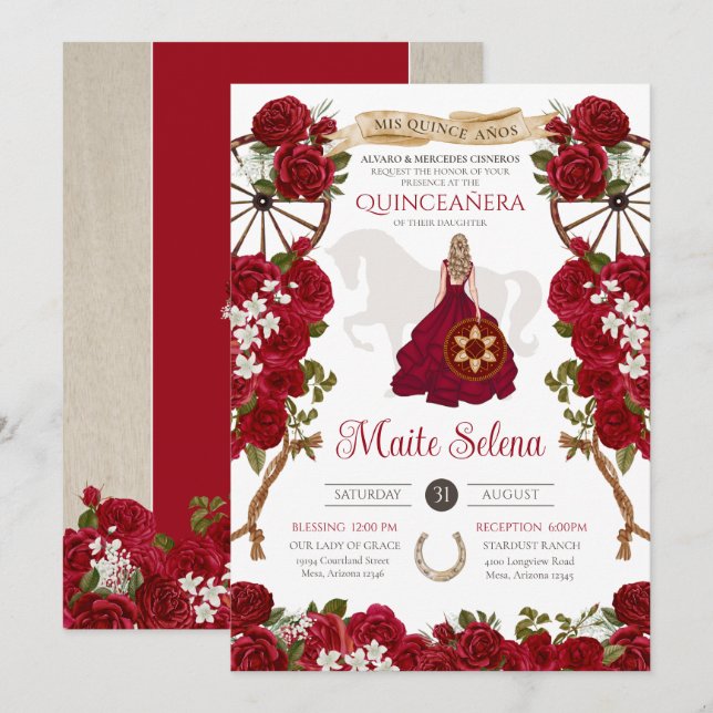 Invitation Quinceanera Charro Élégant Rose Rouge Ouest Rustiq (Devant / Derrière)