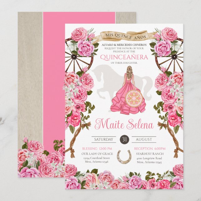 Invitation Quinceanera Charro Élégante rose rose Rose Flore o (Devant / Derrière)