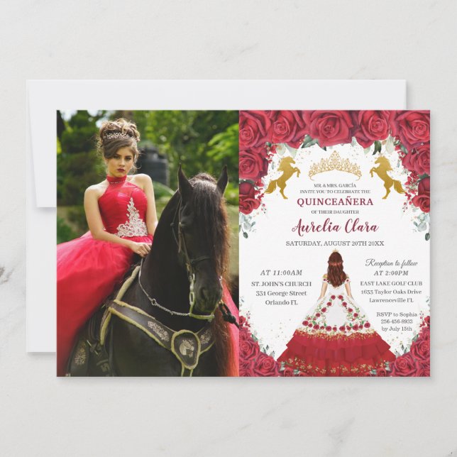 Invitation Quinceañera Charro Red Floral Princess Gold Hors (Devant)