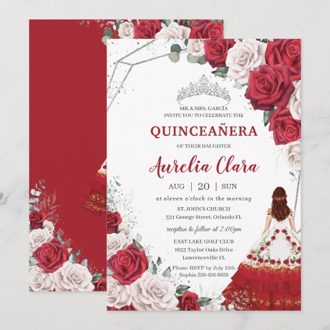Invitation Quinceañera Charro Rouge Blanc Roses Floral Argent (Devant / Derrière)