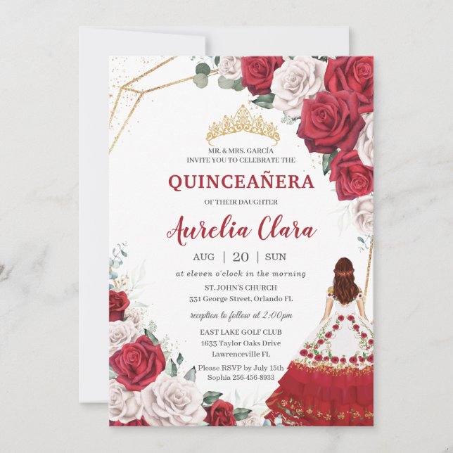 Invitation Quinceañera Charro Rouge Blanc Roses Or Floral (Devant)