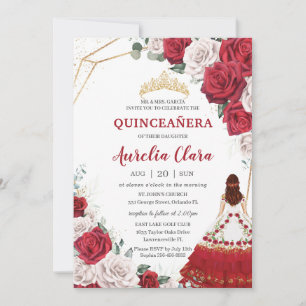 Invitation Quinceañera Charro Rouge Blanc Roses Or Floral