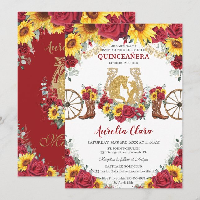 Invitation Quinceañera Charro Sunflowers Red Roses Horse Boot (Devant / Derrière)