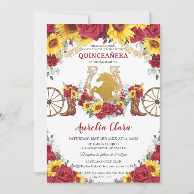 Invitation Quinceañera Charro Sunflowers Red Roses Horseshoe (Devant)