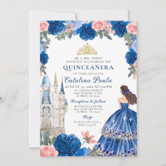 Invitation Quinceañera Château Princesse Or Bleu (Devant)