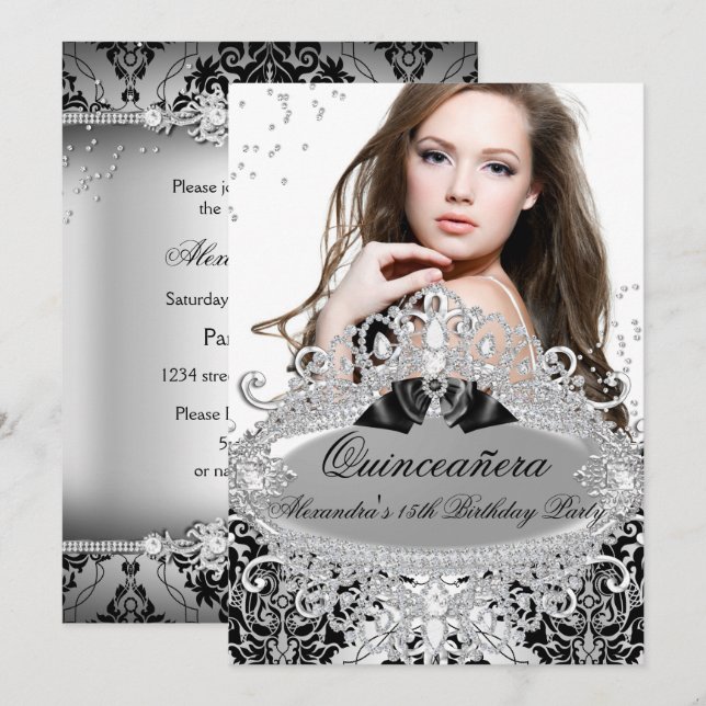 Invitation Quinceanera Chic Argent Damask Diamond Jewel Photo (Devant / Derrière)