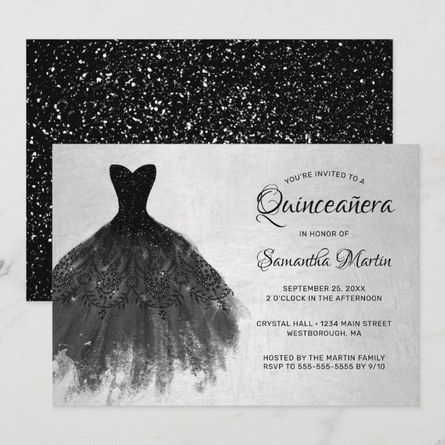 Invitation Quinceanera Chic Black Dress Silver Glam Party (Devant / Derrière)