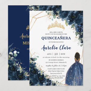 Invitation Quinceañera Chic Navy Blue Floral Brown Princesse
