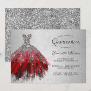 Invitation Quinceanera Chic Red Silver Dress Parties scintill