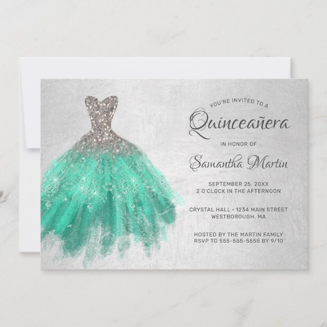 Invitation Quinceanera Chic Silver Aqua Robe sur Silver Party (Devant)