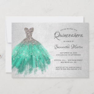 Invitation Quinceanera Chic Silver Aqua Robe sur Silver Party