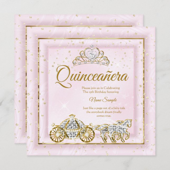 Invitation Quinceanera Cinderella Blush Rose Carrier 2 (Devant / Derrière)